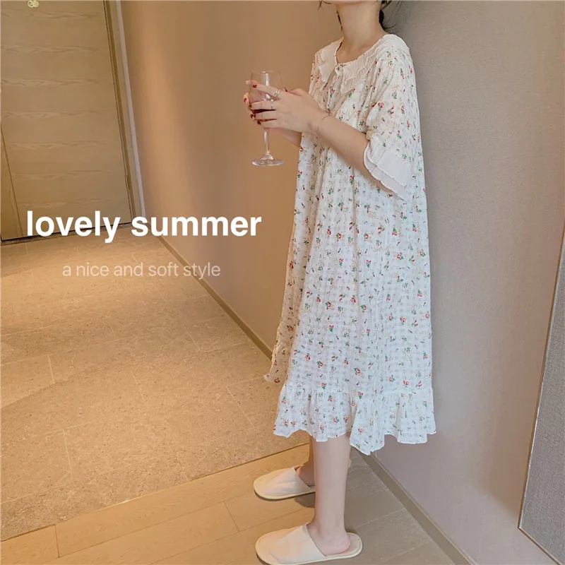 2022 Summer Women's Kawaii Pajamas Nightdress Cotton Floral O-neck Thin Night Gown Homewear Vestidos Women Sleepwear Maxi Dress