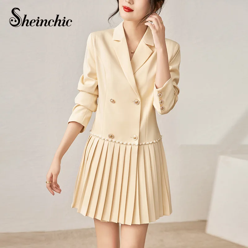 

Женское бежевое платье-блейзер с длинным рукавом