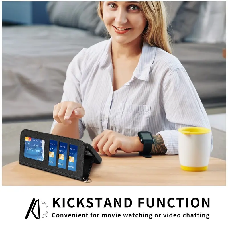 Wallet Case ,[RFID Blocking][Kickstand Function] Handmade Flip Folio Wallet Case with Card Slots and Detachable Hand Strap for i