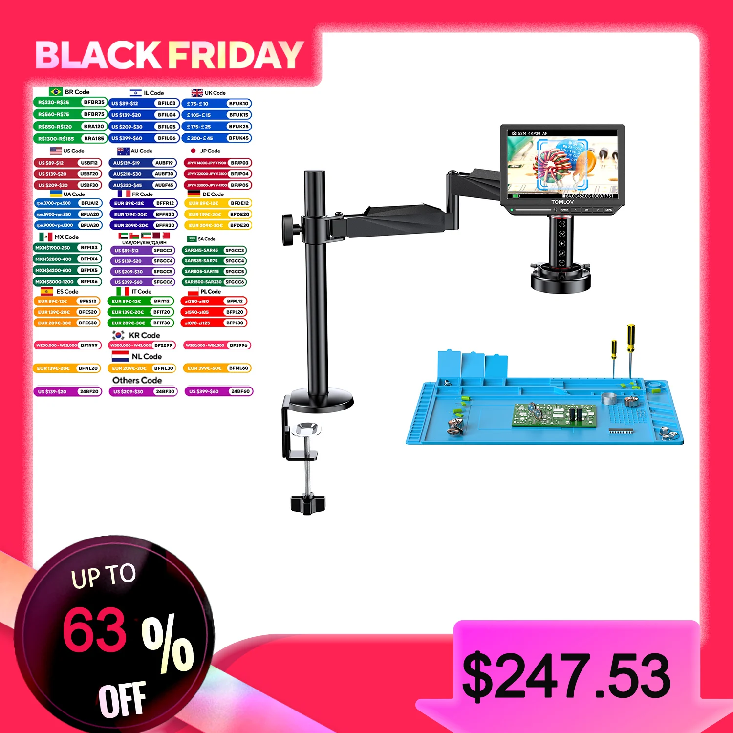 Цифровой микроскоп TOMLOV 4K 2000X автофокус 8 дюймов TM4K-AF гибкий рычаг электронный