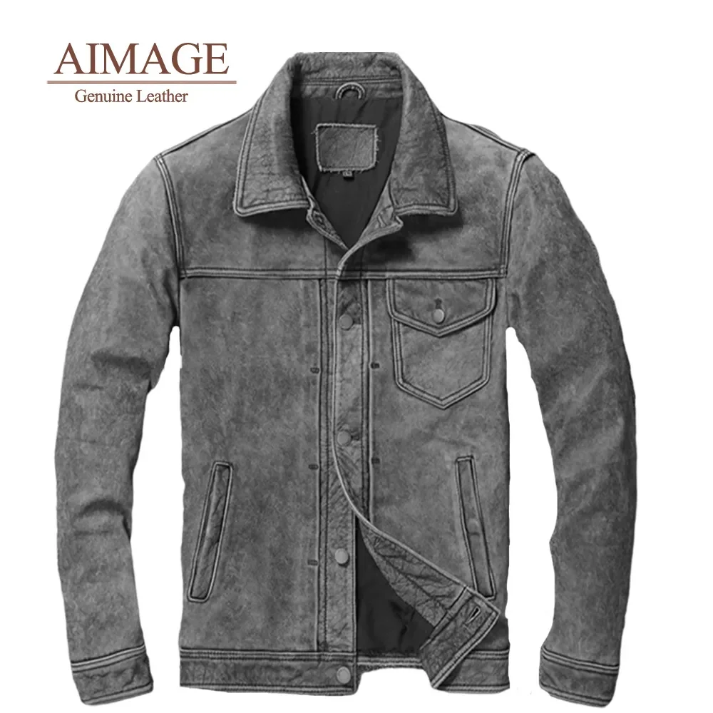 

Мужская винтажная куртка из натуральной коровьей кожи, с отложным воротником, размеры до 4xl