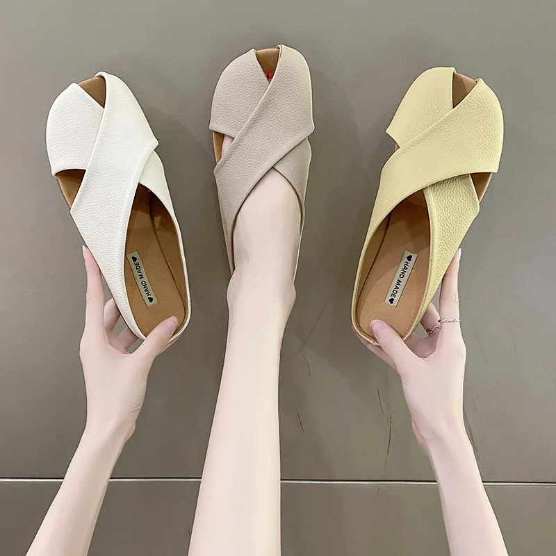 

Сандалии женские на низком каблуке, повседневные Мягкие Шлепанцы, шлепанцы, круглый носок, квадратный носок, бежевые, лето 2022