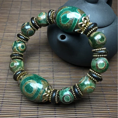 Тибетский браслет с тремя, шестью, девятью глазами и узором зеленой черепахи, Старые Агатовые Бусины, украшение для браслета