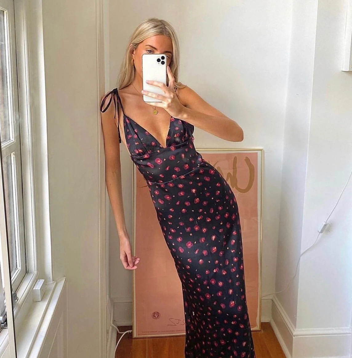 

Женское праздничное платье, длинное шелковое платье без бретелек с глубоким V-образным вырезом и цветочным принтом, Пляжная бирка