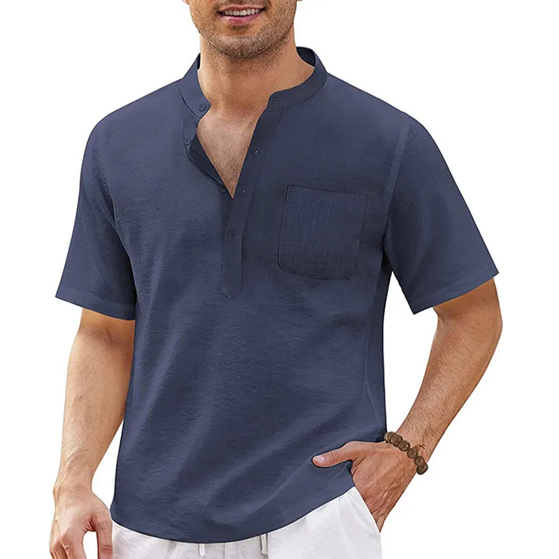 Linen shirt men Short Sleeve Solid Color Breathable Stand-Up Collar summer Casual shirts male Beach Style blouse Hot Sale