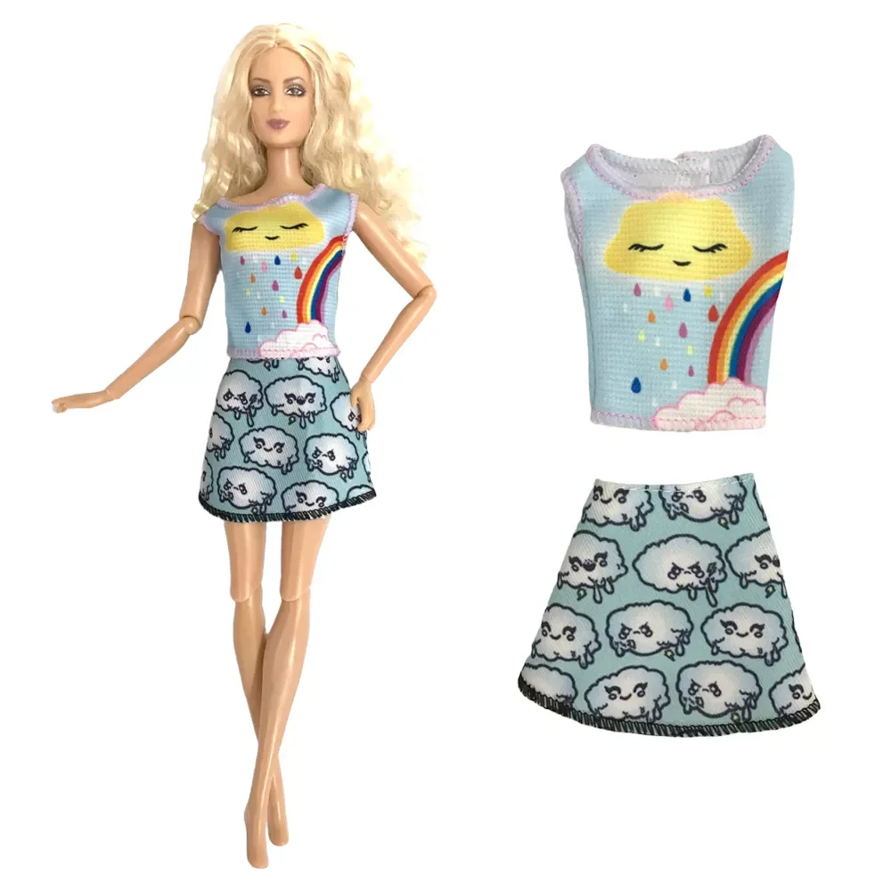 

NK 1 Pcs Fashion Cute Pattern Dress For 1/6 Doll Clothes Rainbow Shirt +Skirt for Barbie Doll Accessories Baby Toys