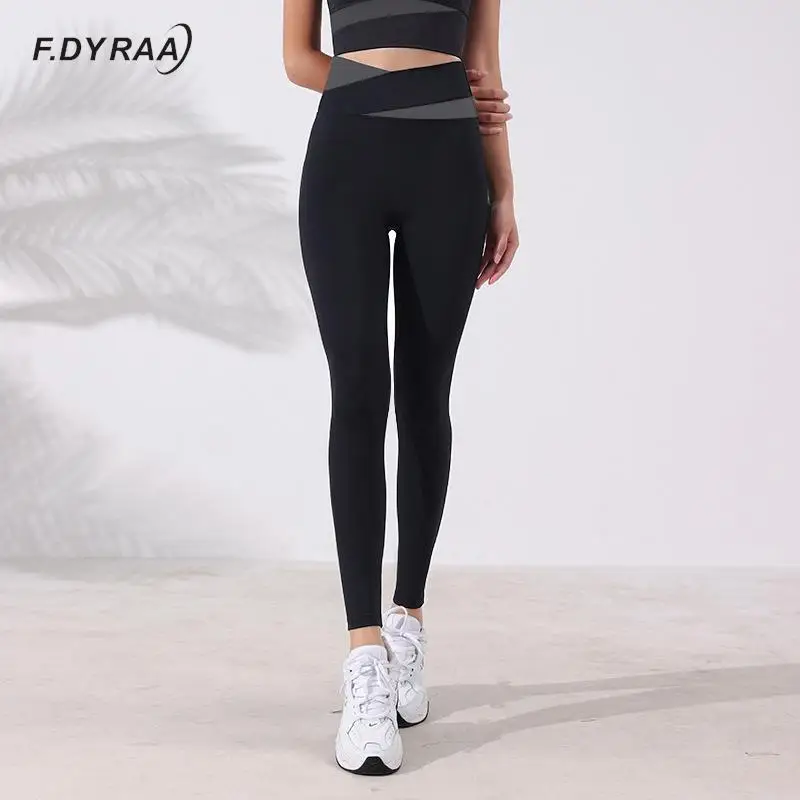 Women Yoga Pants Fashion Patchwork Color Crossover High Waist Hip Lift Sport Leggings Quick-dry Gym Fitness Workout Tights