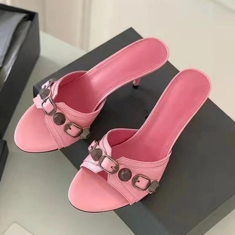 2023 New Slim High Heels One Step Women's Genuine Leather Sandals Slippers Belt Buckle Metal Decoration Spring/Summer Sandals
