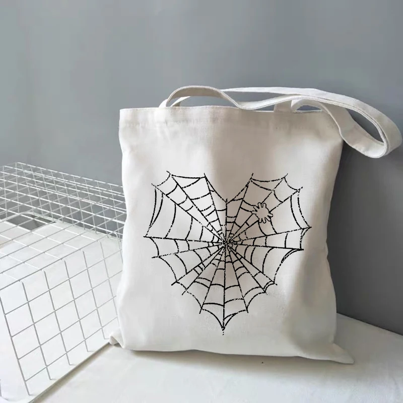 

Women's Shopper bag Goth bag Dark Harajuku canvas bag Y2K casual cobweb cartoon print large capacity Zipper women shoulder bags