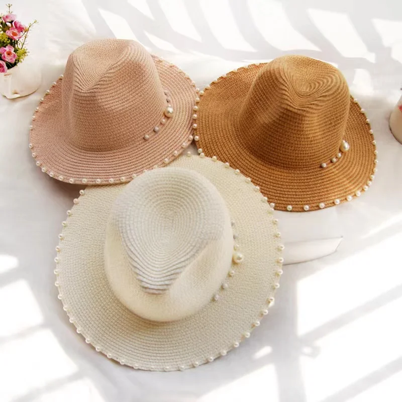 

Women Summer Hat Summer Pearl Brim Wide Visor Trilby Jazz Cap Femme Male Fashion Beach Sun Straw Panama Hats Woman's Cap
