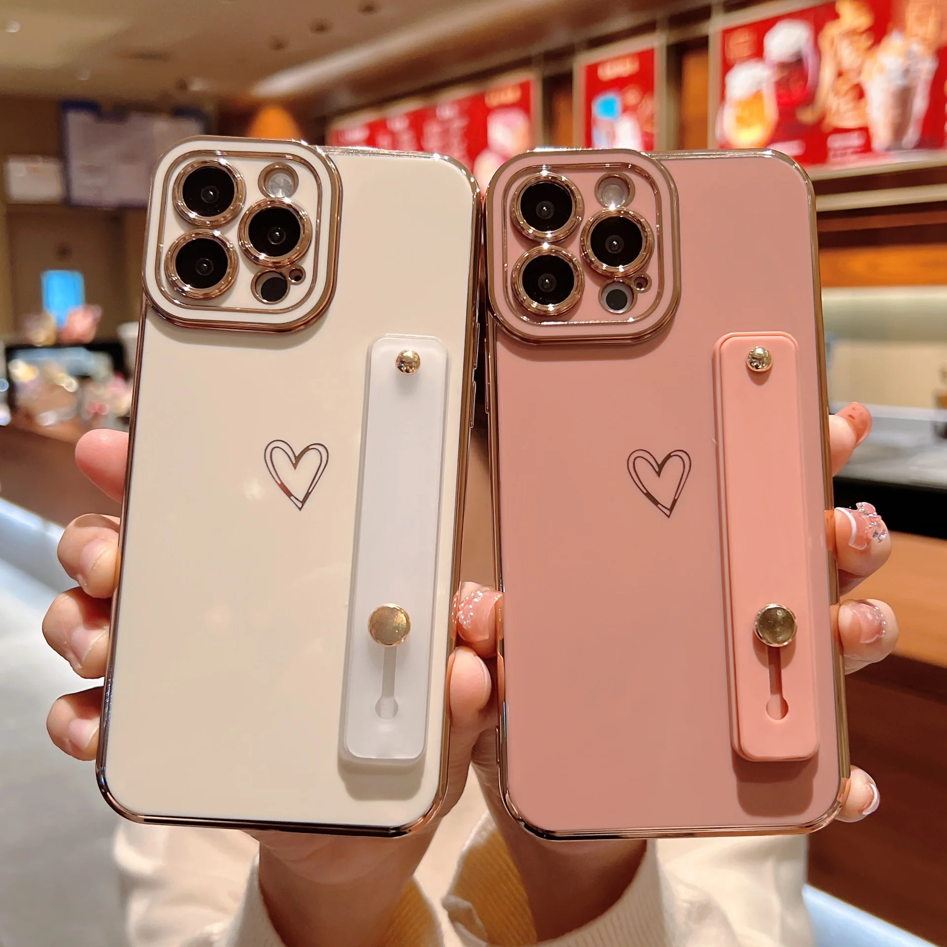 

Soft Electroplated Wrist Strap Case For iPhone 11 12 13 Pro Max X XR Xs Max 7 8 Plus SE 2020 Kickstand Love Heart Cases Cover