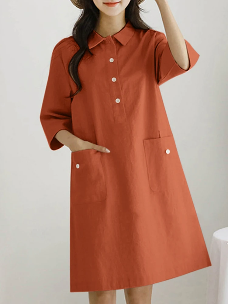 

Elegant Work OL Dresses For Women 2022 ZANZEA Autumn Solid Dress Lapel 3/4 Sleeve Button Sundress Female Vintage Loose Vestidos