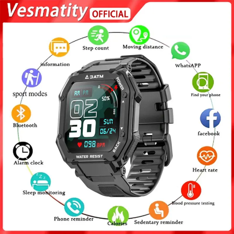 

Vesmatity 1.69 Inch 3ATM IP68 Waterproof Smart Watch Men Women Fitness Tracker Blood Pressure Monitor Outdoor Sports Smartwatch