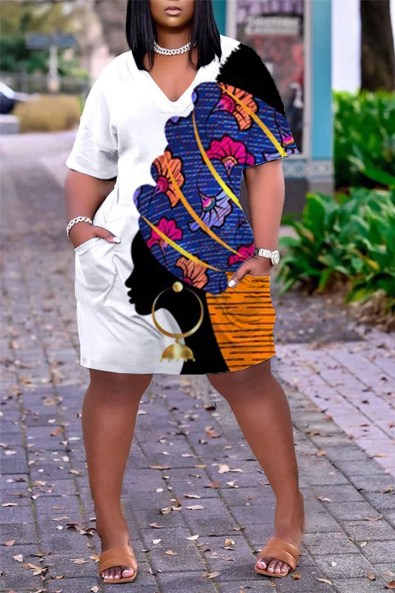 

Sexy Girls Summer Dress Fashion Africa Model Face Print Dress Women Short Sleeve Dresses Boho V-Neck Beachwear Night Party Dress