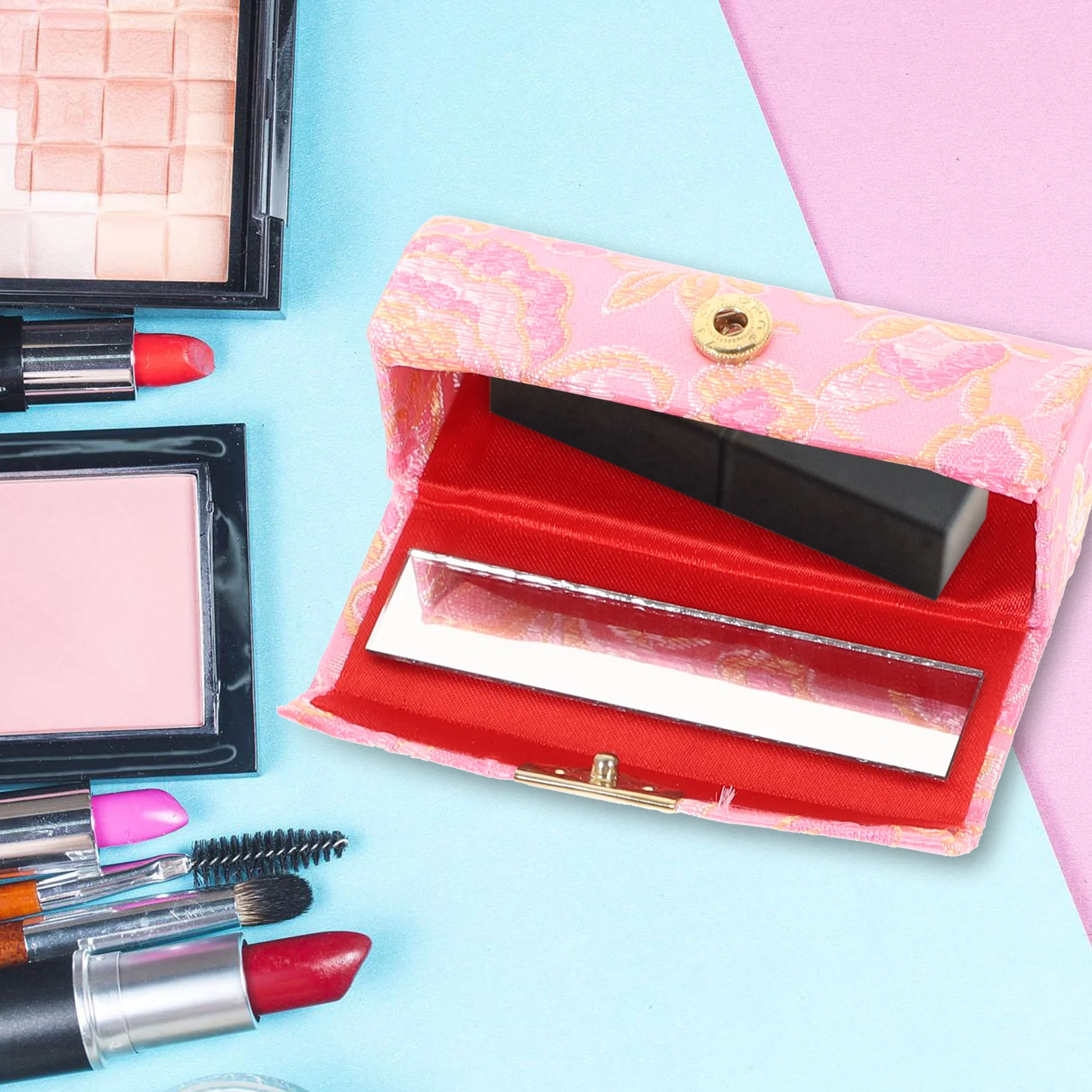 

Lipstick Case Holder Box Purse Mirror Lip Storage Makeup Organizer Flower Chinese Ladies Gloss Satin Floral Gift Balm Vintage