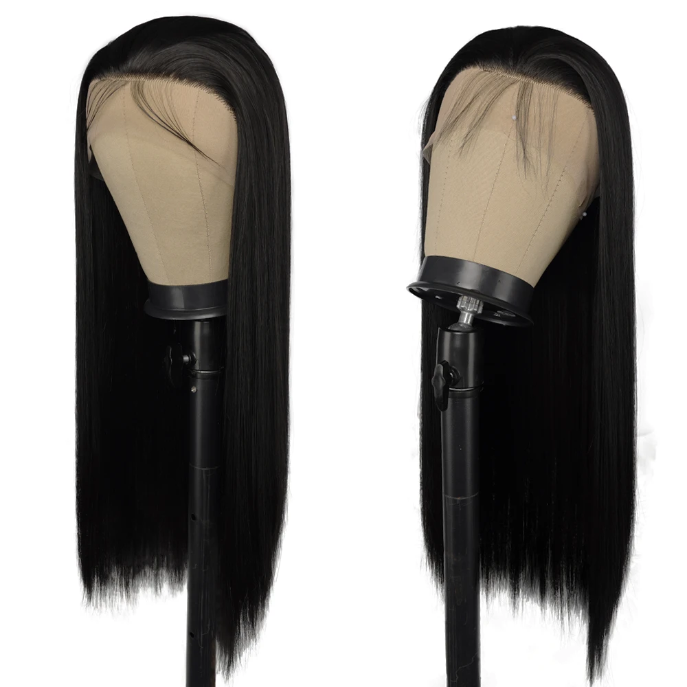 Long Straight Lace Front Wig Synthetic Lace Frontal Wigs Heat Resistant Natural Black Straight Wigs For Women 180% Density Hair