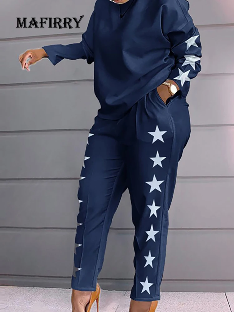 

2022 Streetwear Casual Two Piece Set Women Long Sleeve Top Pocket Long Pant Suit Elegant Lady O Neck Blouse High Waist Pant Set