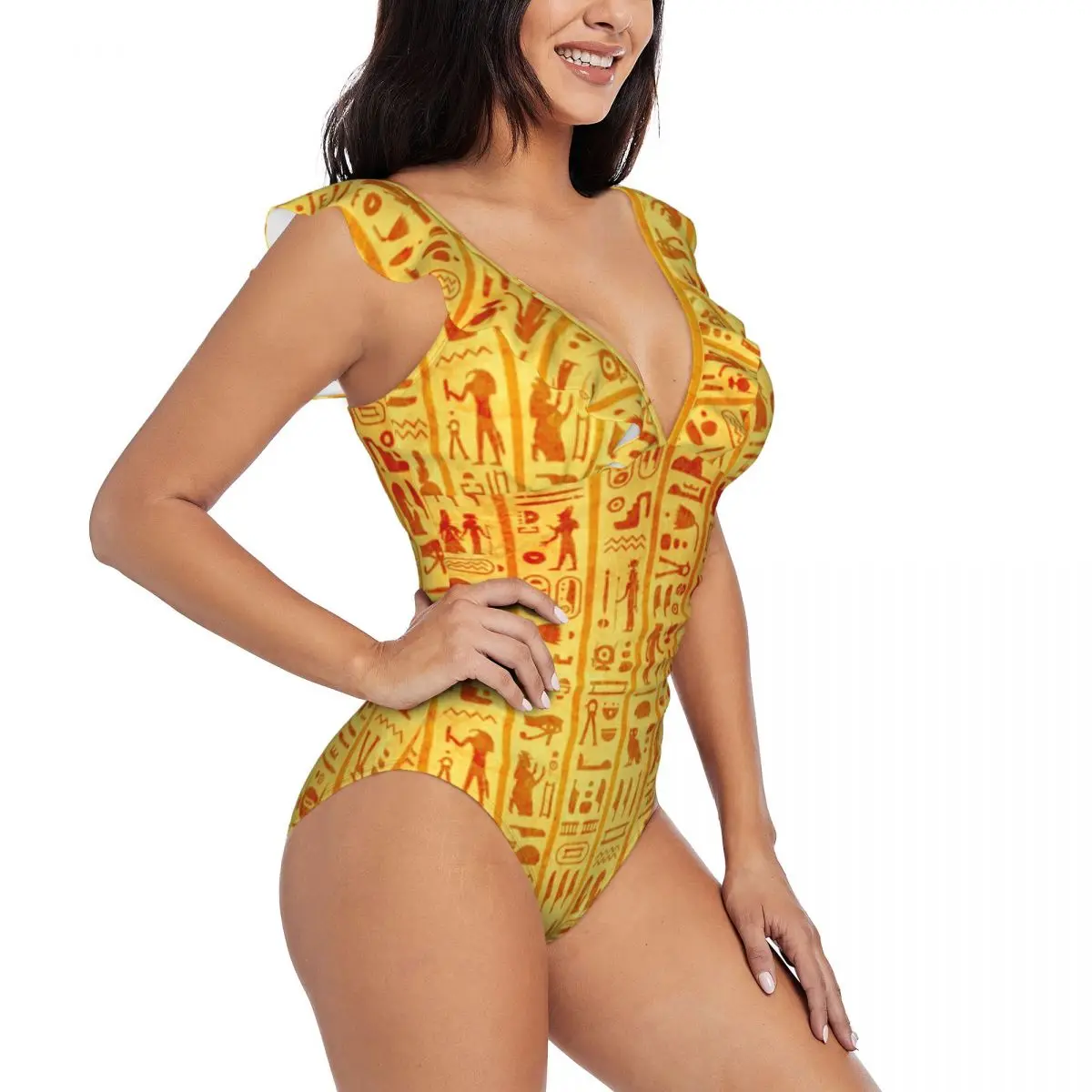 

Ruffle 2023 Women Sexy One Pieces Swimsuit Swimwear Female Grunge Ancient Egyptian Hieroglyphs Monokini Bathing Suit Beachwear