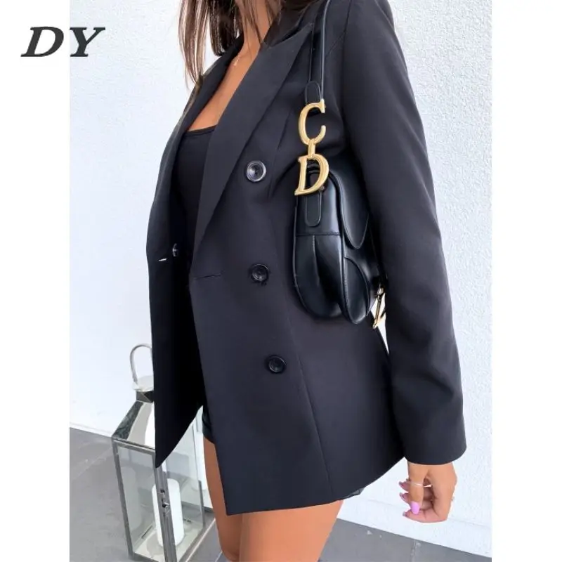 

DY One-piece Suit Women Blazer Female Sleeve Double Breasted Jacket Casual New Blazers Coats Solid Button Clothing Office Lady