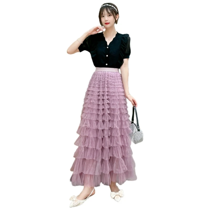 

Woman Teens Layered Skirt Elegant Solid Color Tulle Skirts for Girls High Waist 517D