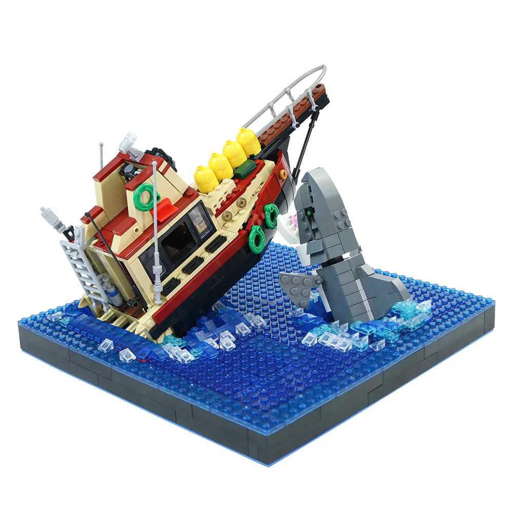 

Конструктор Moc из серии «Рыбалка», лодка, большая белая акула, атака, корабль, набор строительных блоков, идея корабля, кирпичи, украшения, иг...