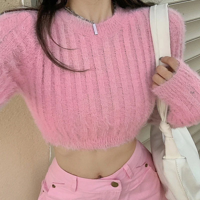 

Korean Style Spring Fashion Women Cropped Sweater Long Sleeve Knitted Jumpers Slim Fit Pullovers Top
