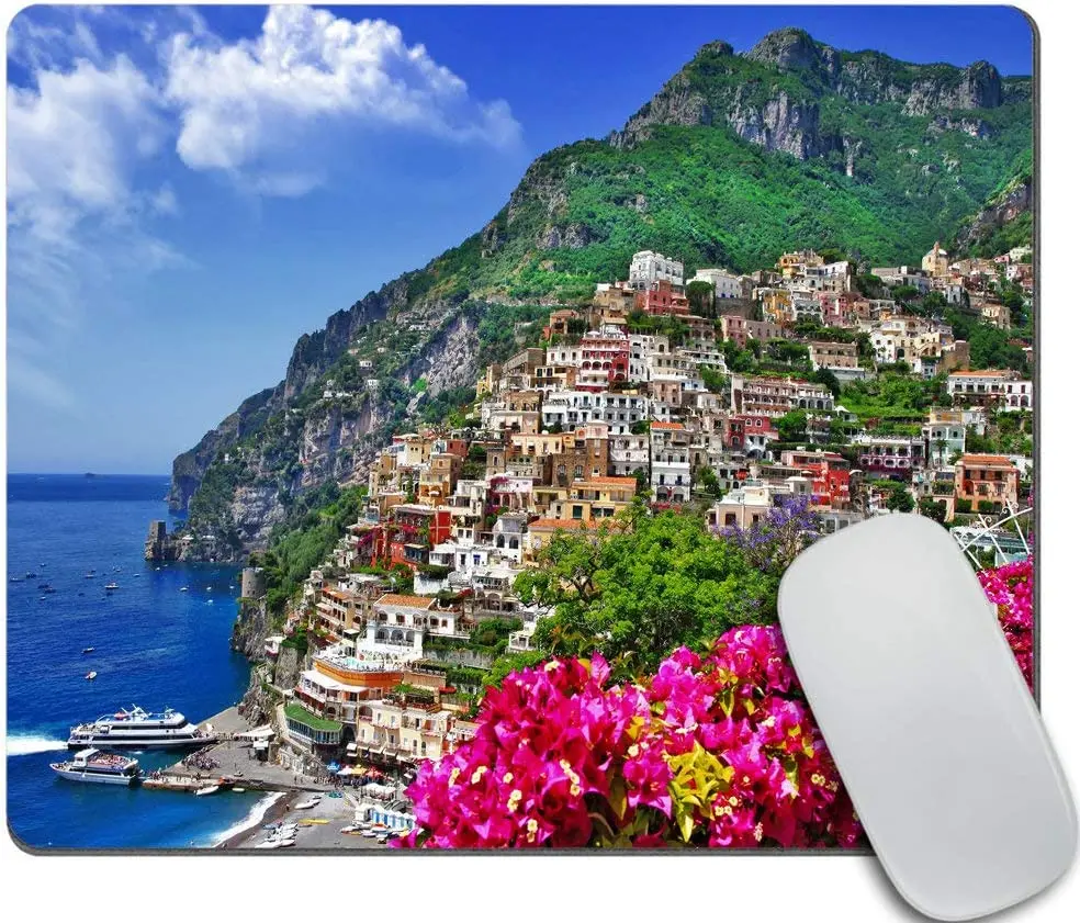 

Italy Mouse Pad Scenic View of Positano Amalfi Naples Blooming Flowers Coastal Village Image, Rectangle Non-Slip Rubber Mousepad