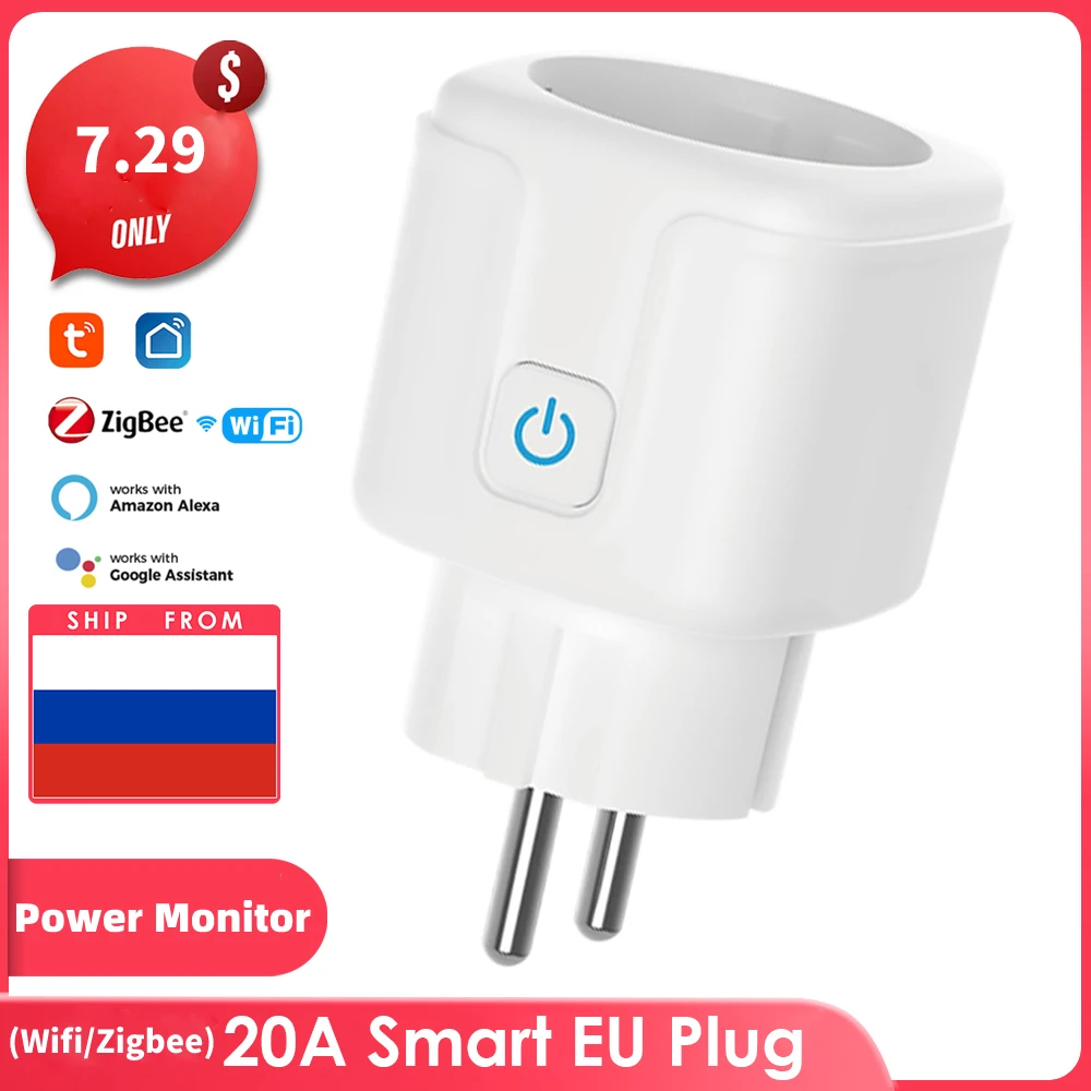 

Умная розетка Tuya wif Zigbee 20A, со штепсельной вилкой европейского стандарта, с таймером и энергопотреблением, работает с Alexa Google Home Alice Smart Life