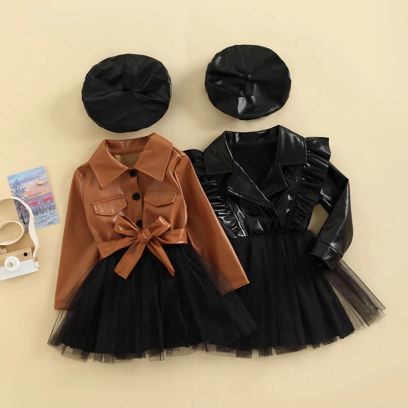 

3-7Y Fashion Little Girls Autumn Dress With Beret Hats PU Leather Lace Patchwork Long Sleeve Tutu Dress