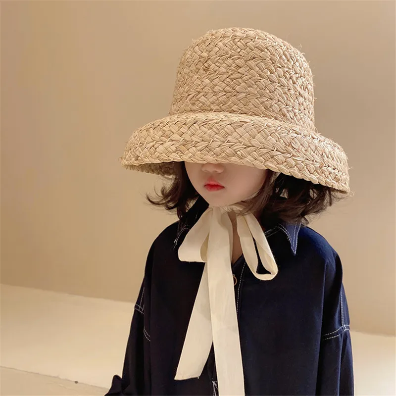 

202204-hh6008 ins farmhouse style SUMMER LONG RIBBON kids HANDMADE RAFFIA grass head size cap children leisure hat