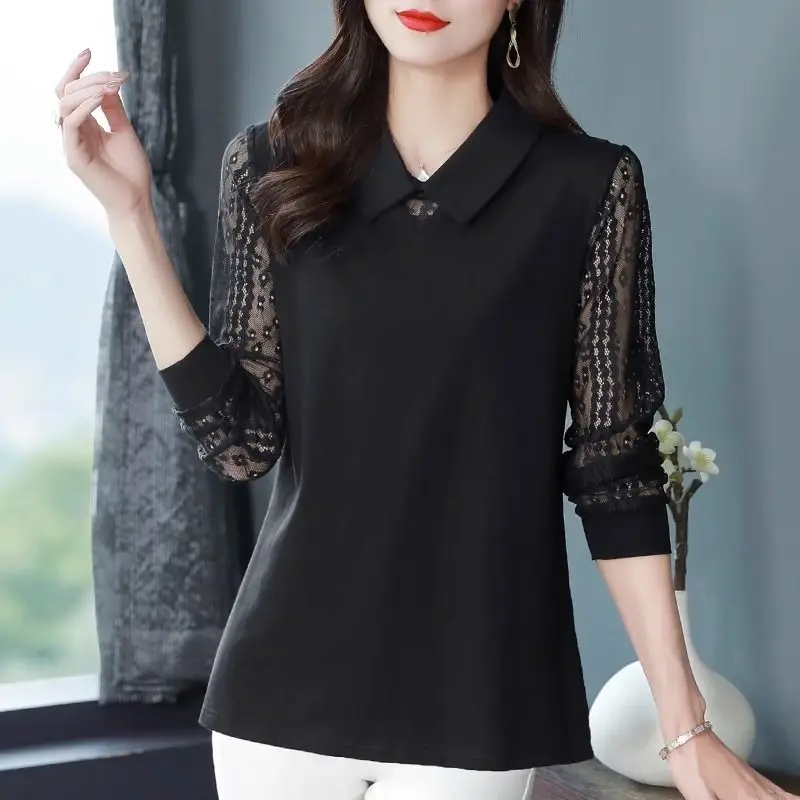 Женская блузка с длинным рукавом элегантная однотонная кружевом повседневный