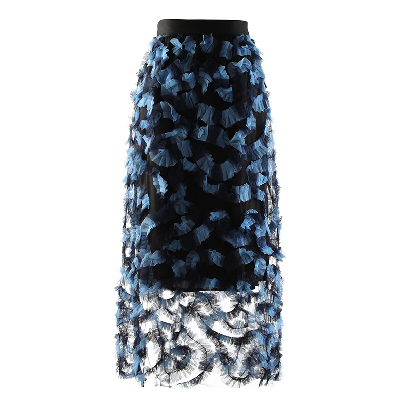 

[PHOEBE HZ] High Elastic Waist Blue Stereoscopic Ruffles Long Straight Half-body Skirt Women Fashion New Spring Autumn 2022