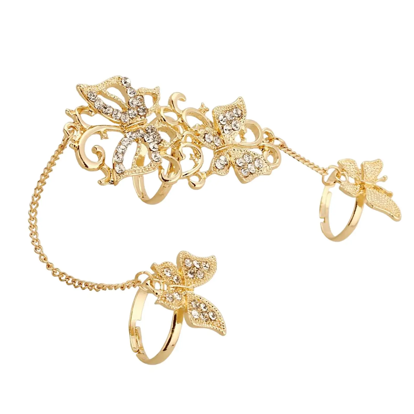 

Butterfly Double Finger Rings Finger Chain Open Rings Hollow Design Fashion with Rhinestone for Women Wedding Girls Jewelry Gift