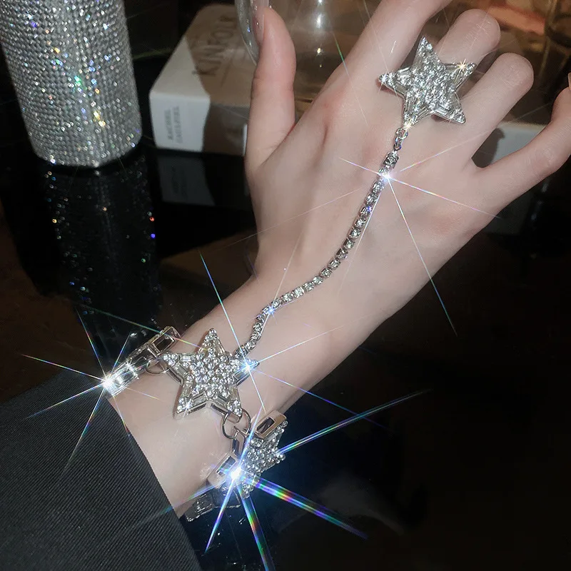 

Ffashion Zircon Star Bracelet with Ring Silver Color Pentagram Charm Luxury Bracelets for Women Exquisite Jewelry Girls Gifts