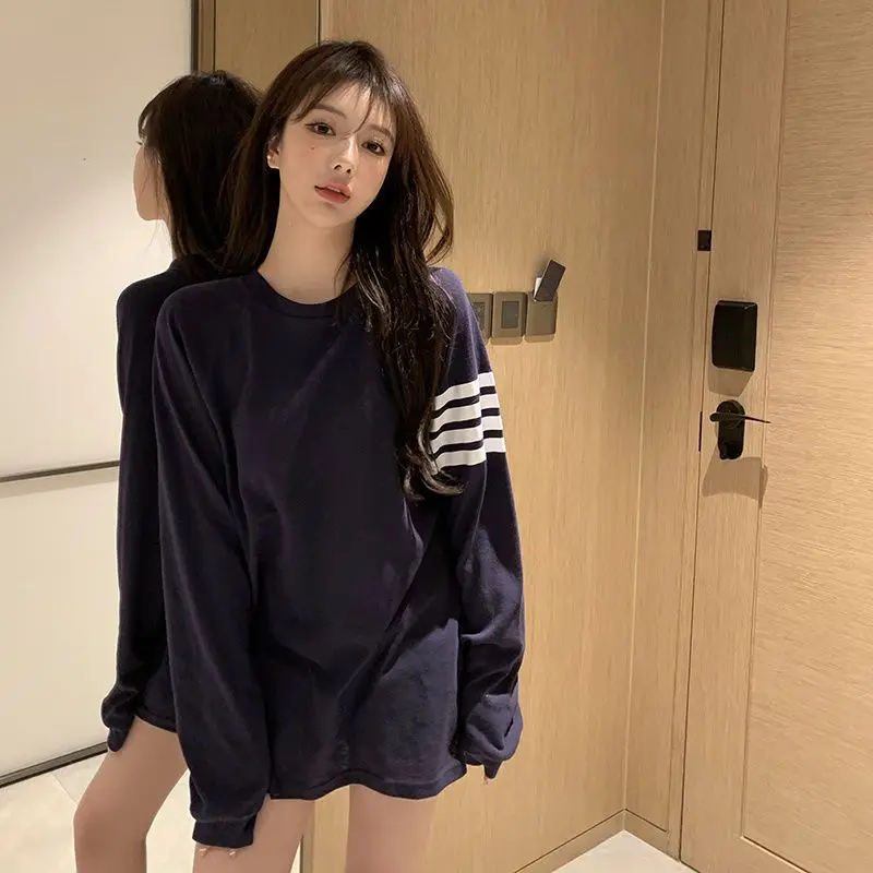 

Summer Thin Net Yarn Striped Patchwork T Shirt Tops Long Sleeve Round Neck Loose All-match Pullovers Casual Korean Women Clothes