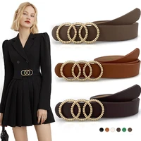 fashion pu leather belt design three circles of gold beads buckle waist strap luxury brand decorative women suit dress waistband
