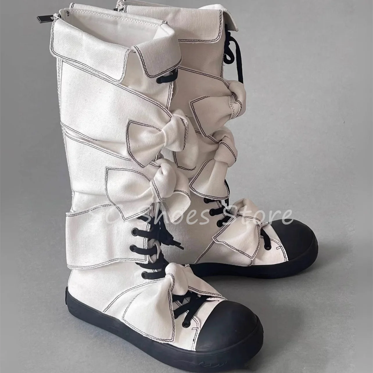 Женские парусиновые сапоги Лолита с бантом-бабочкой длинные на шнуровке высокие