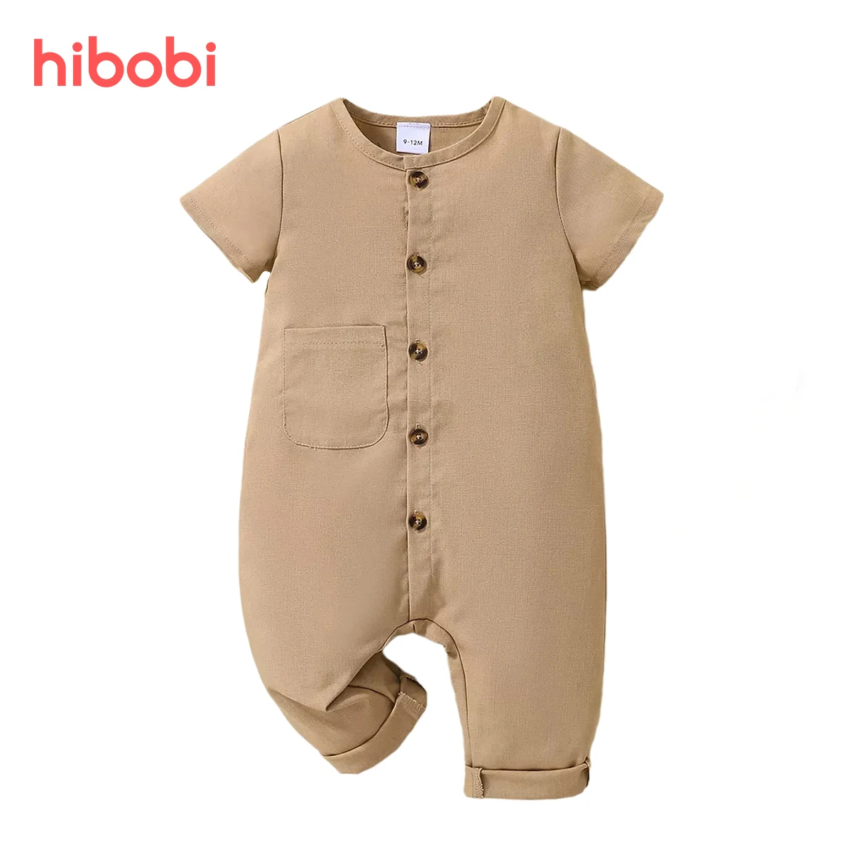 

hibobi Baby Solid Color Pocket Front Jumpsuit Cotton Linen Romper Baby Autumn Clothing Single-breasted For Easy Wearing