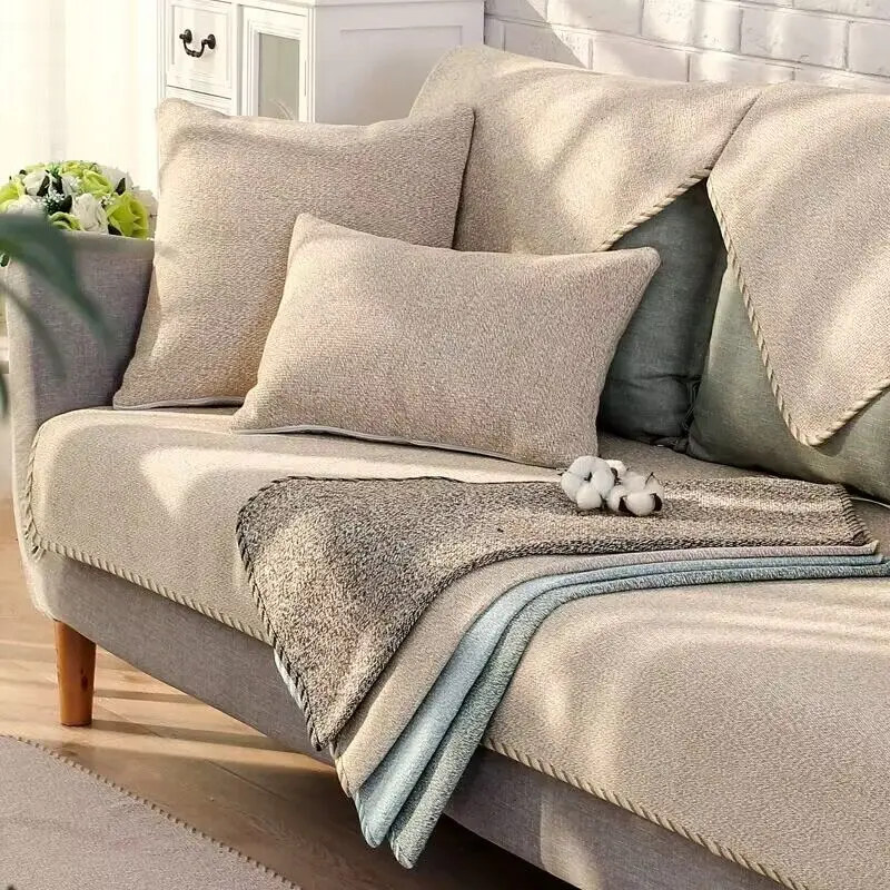 

Cotton Linen Fabric Non-slip Sofa Cover Adjustable Backrest Armrest Cushion Towel Knitted Bedside Floor Mat Home Decor Slipcover