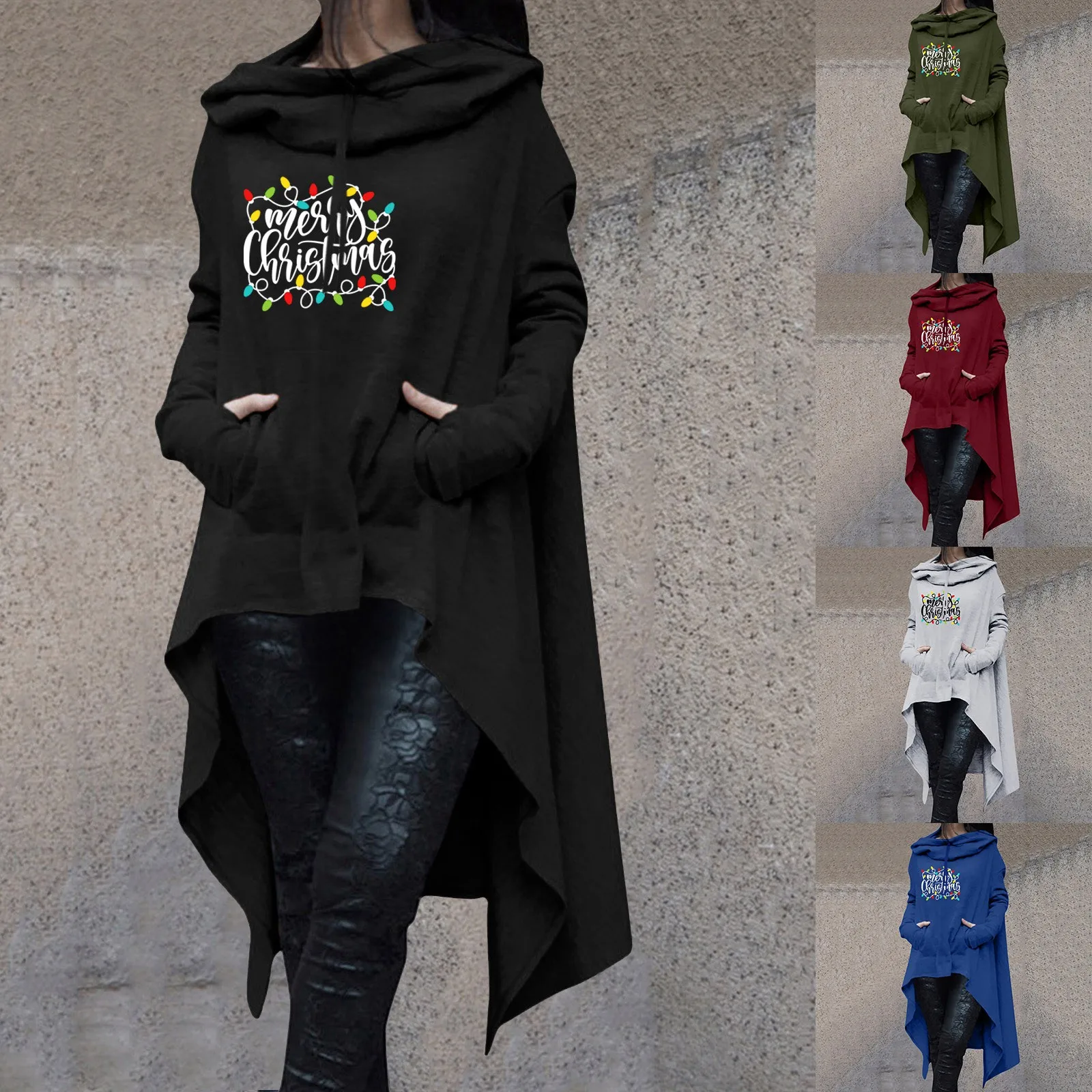

Рождественские женские толстовки с длинным рукавом и буквенным принтом, пуловер, Длинный свитшот с кулиской, блузка с карманами, легкий Топ