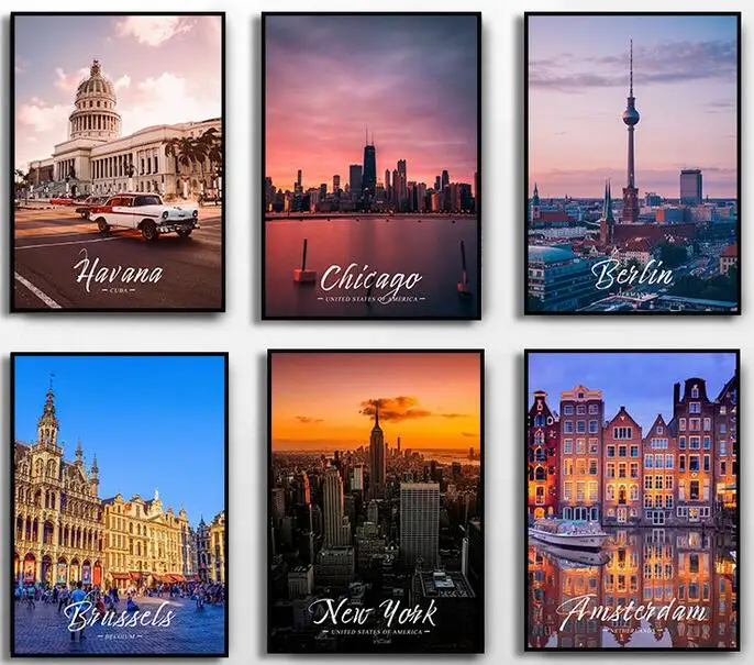 

World Famous Cities London Paris New York Amsterdam Rome Landscape Print Art Canvas Poster Living Room Decor Home Wall Picture