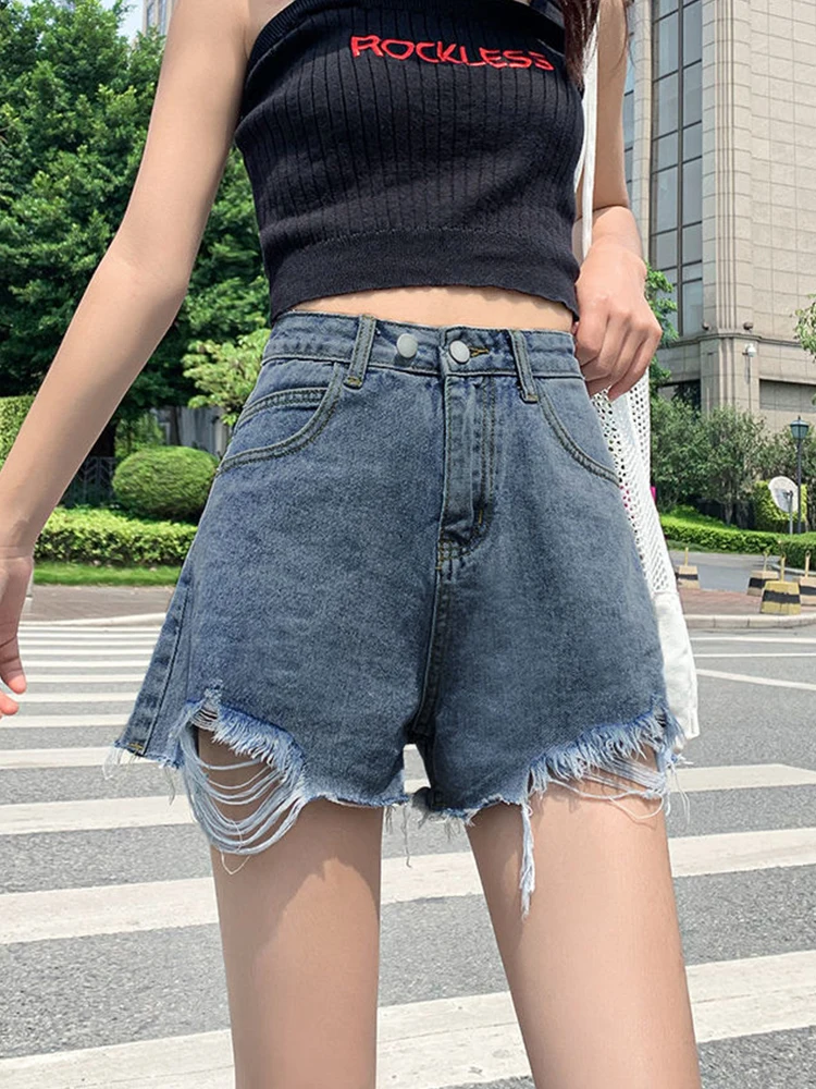 Streetwear Women High Waist Loose Hole Frayed Denim Shorts Spring Summer Female Wide Leg Retro Jeans Shorts Bottoms