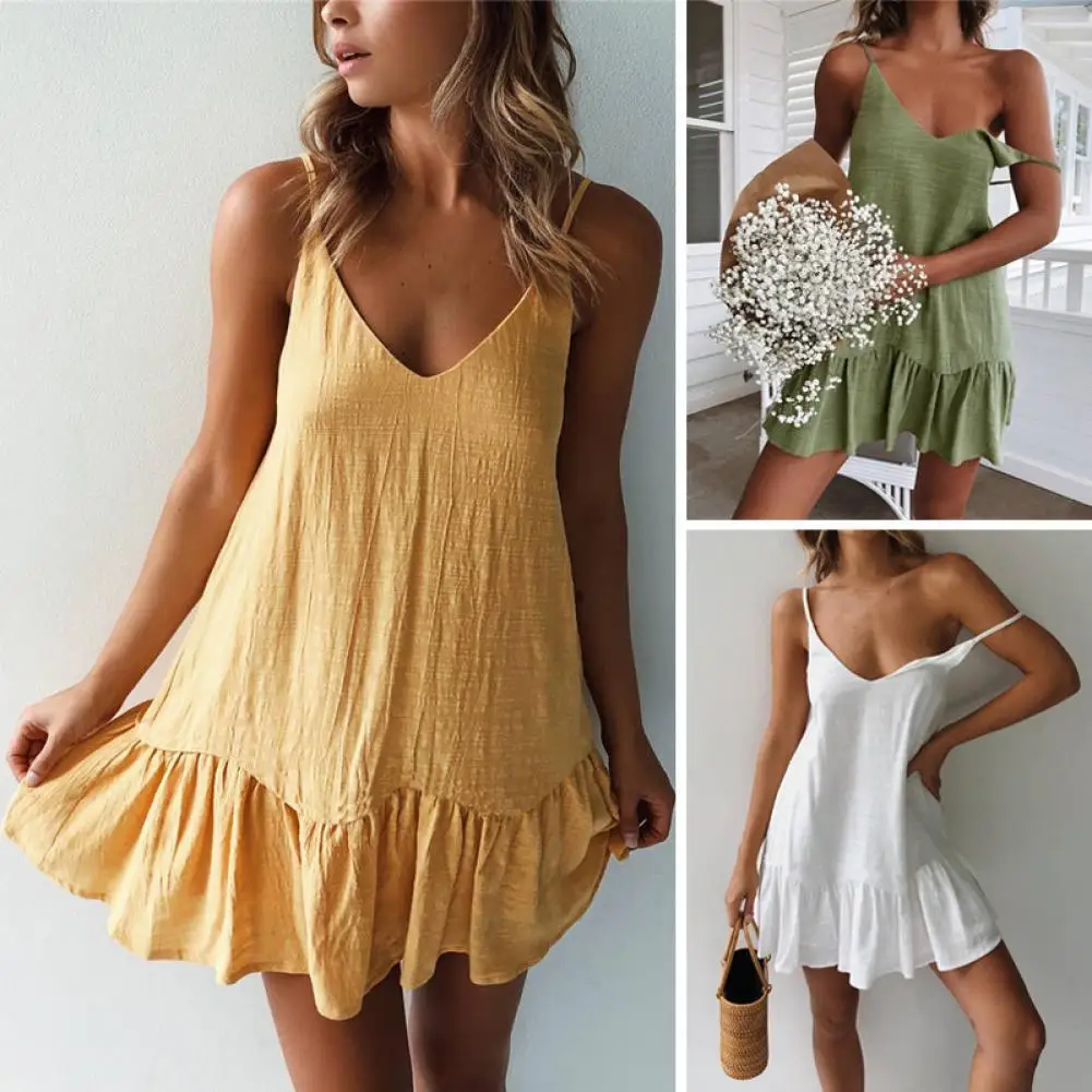 

Lady Dress Solid Color Flounce Edge Spaghetti Strap V Neck Summer Dress for Dating