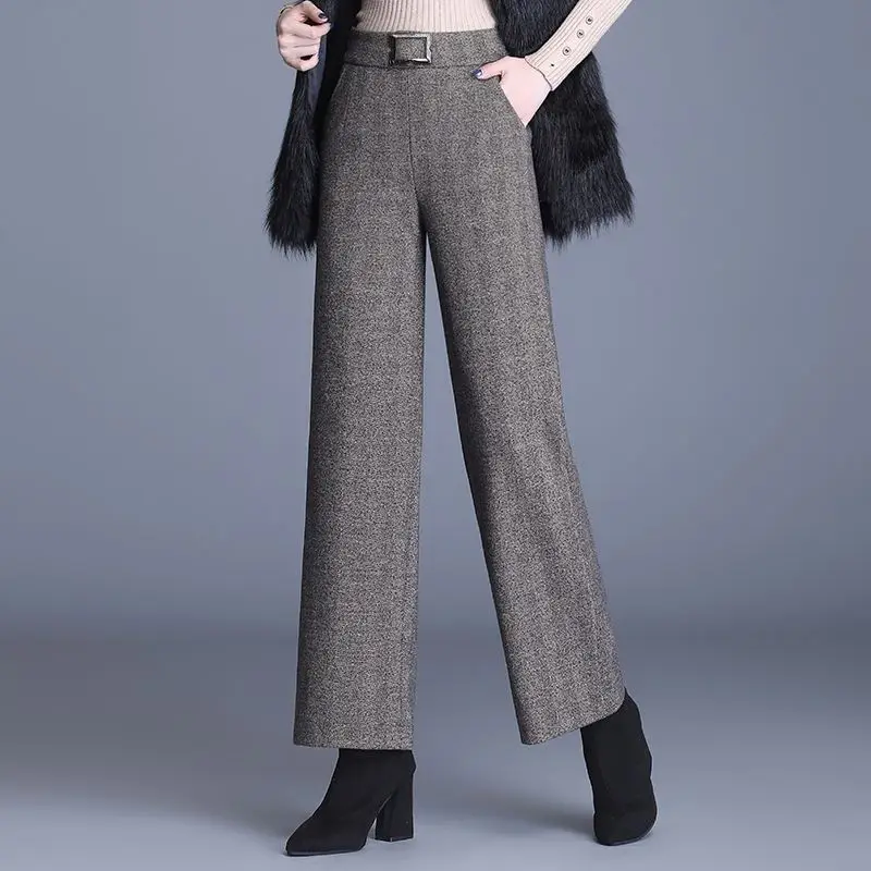 

2022 Fashion Autumn Winter Women Woolen Pants High Waist Pants Female Loose Elastic Waist Casual Straight Slim Trousers X117
