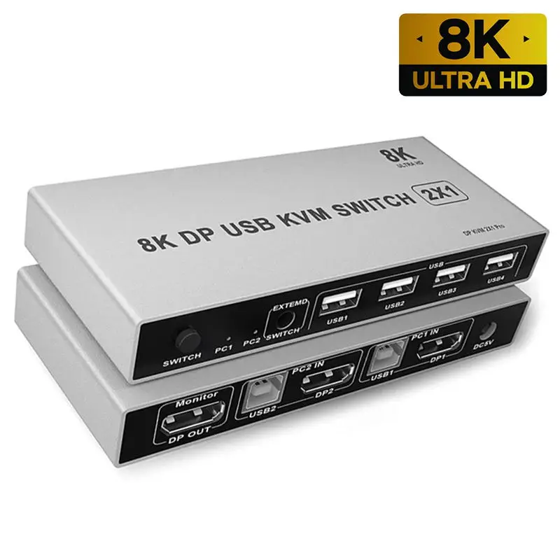 Displayport KVM Switch 2 In 1 Out 8K@66Hz DP 1.4 KVM Switch 2x1 Displayport DP USB Switcher Share Monitor Mouse Keyboard Printer