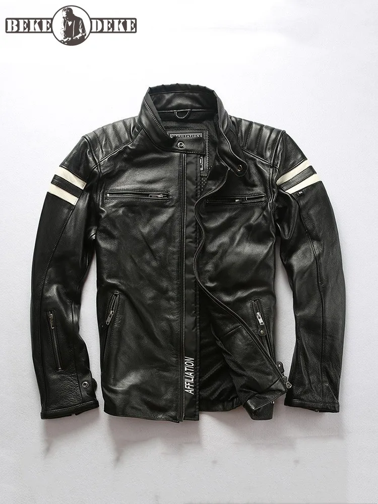

Stand Collar Mens Moto Biker Jacket Spring Autumn Punk Style Slim Outwear Long Sleeve Genuine Leather Cowhide Short Coat Male