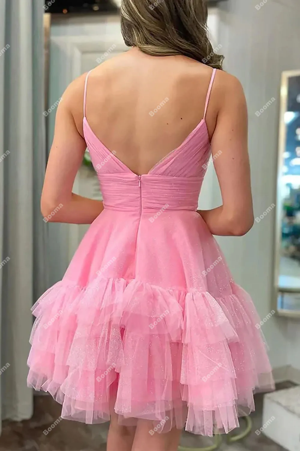 Фото Booma Pink A Line Мини-платья для выпускного вечера с V-образным вырезом и оборками Многоуровневые тюль Коктейльные платья День рождения Платья для женщин 2023 Club Wear №2