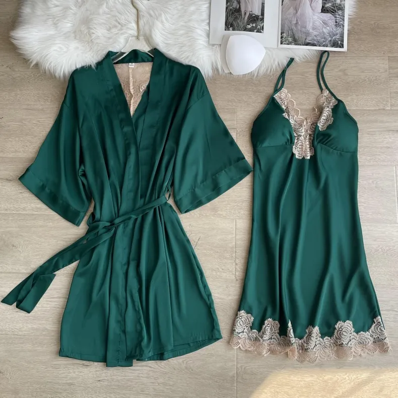 

Female Hollow Out Robe Set Sexy Lace Sleepwear with Strap Nightgown Summer V-Neck Loungewear Sleepwear Home Dressing Gown