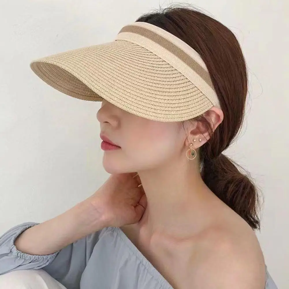 

Summer Straw Sun Hats For Women Empty Top Beach Caps Large Brim UV Protection Cap Shade Hat Outdoor Fishing Visors Casual C P0G9