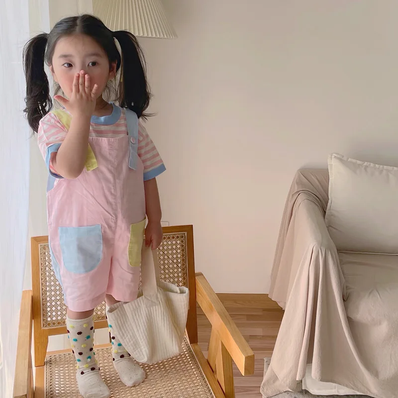 

Kids Clothes 2022 Summer Children Short Sleeve and Suspender Pants Set Korean Cute Striped T-shirt with Color Matching Pants